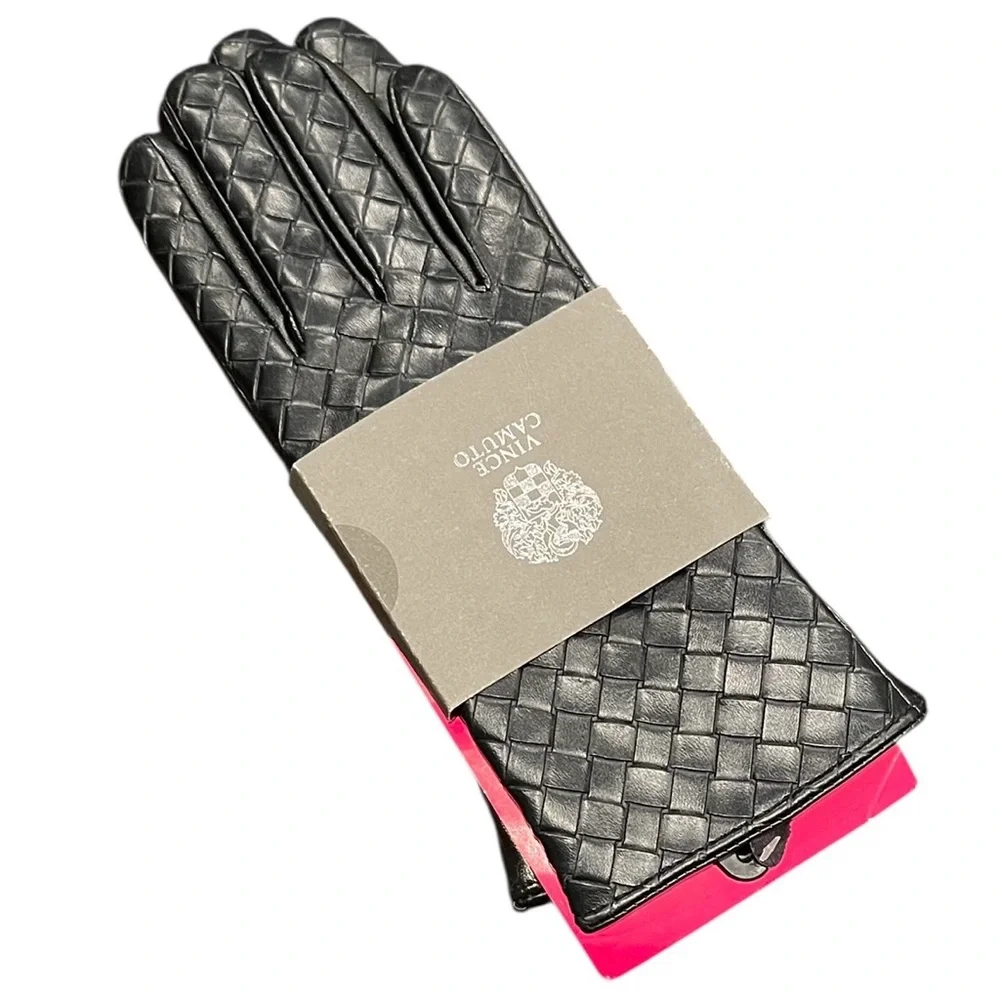 Vince Camuto Black Woven Gloves Faux Leather Fleece Lined Winter Dressy Classic